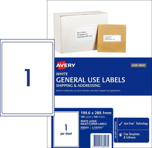 Labels Avery A4 L7167GU Box 100 1UP Copier/Laser General Use (199.6 x 289.1 mm) 100 Labels 9312015382035