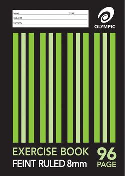 Exercise Book 9x7 96 Page Olympic Stripe 8mm Feint Rule Stapled 225mmx175mm [E2896] 9310353007139